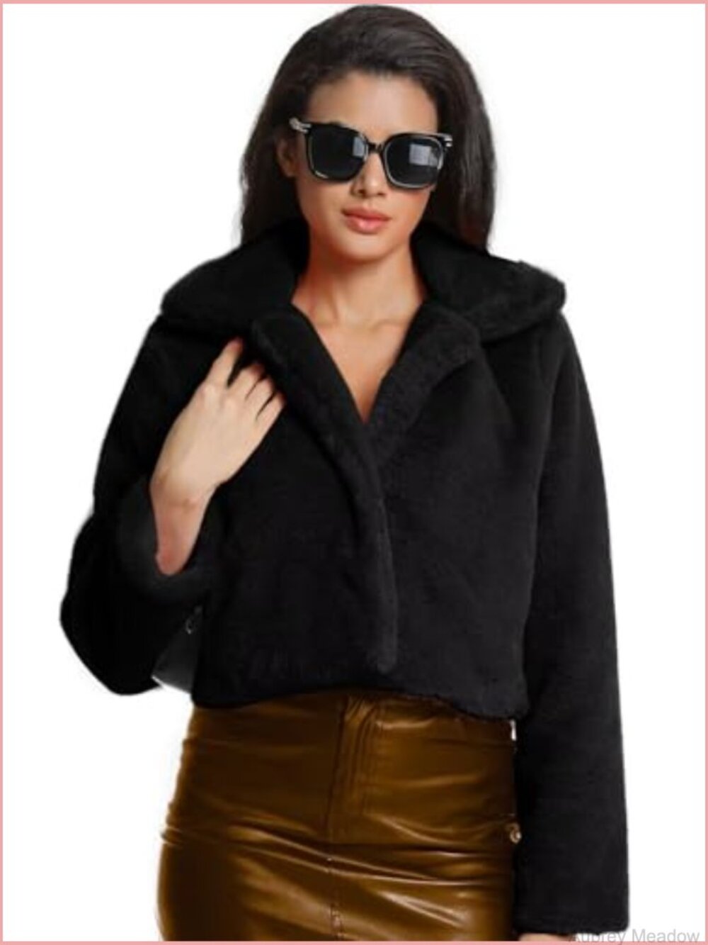 Cropped Faux Fur Jacket with Hidden Pockets Shawl Collar Cardigan Coat - Picture 5 of 7